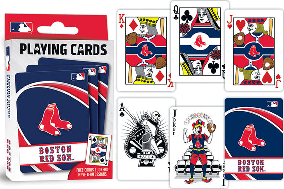 A deck of Boston Red Sox playing cards by MasterPieces. The pack features a vibrant blue and red design with the iconic Red Sox logo. The face cards and jokers are uniquely illustrated with team-themed designs, showcasing a mix of baseball elements and traditional card motifs. Perfect for fans and gamers alike.