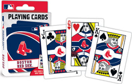 Boston Red Sox themed playing cards by MasterPieces featuring unique designs on face cards, showcasing the iconic team logo and colors. Ideal for fans and game lovers alike.