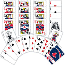 A set of playing cards featuring Boston Red Sox theme, showing various suits including diamonds, hearts, spades, and clubs. The cards display unique illustrations of players, team logos, and various card faces like kings, queens, and jokers emblazoned with Red Sox imagery.