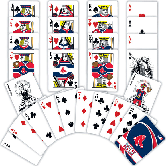 A set of playing cards featuring Boston Red Sox theme, showing various suits including diamonds, hearts, spades, and clubs. The cards display unique illustrations of players, team logos, and various card faces like kings, queens, and jokers emblazoned with Red Sox imagery.
