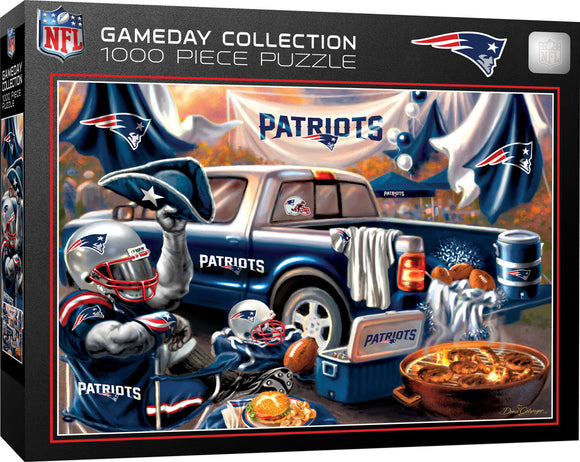 A vibrant jigsaw puzzle from the Gameday Collection depicting a New England Patriots tailgating scene. Focused on a blue pickup truck adorned with Patriots logos, surrounded by footballs, snacks, and festive decorations. Two enthusiastic fans, one wearing a helmet and the other a Patriots hat, showcase team spirit amidst a lively gameday atmosphere. Perfect for NFL fans and puzzle enthusiasts alike.