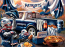A vibrant jigsaw puzzle featuring a New England Patriots gameday scene. The illustration includes a pickup truck adorned with Patriots branding, a group of fans dressed in team attire, and a variety of tailgating food such as burgers and drinks. The atmosphere captures the excitement of game day with flags and colors reflecting the team's identity.