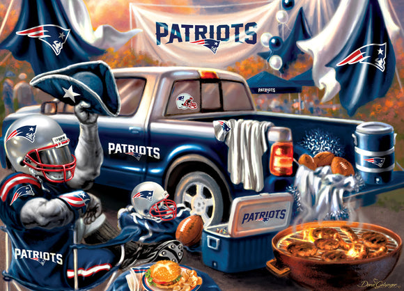 A vibrant jigsaw puzzle featuring a New England Patriots gameday scene. The illustration includes a pickup truck adorned with Patriots branding, a group of fans dressed in team attire, and a variety of tailgating food such as burgers and drinks. The atmosphere captures the excitement of game day with flags and colors reflecting the team's identity.