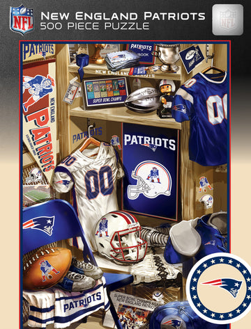 A detailed jigsaw puzzle featuring a New England Patriots locker room scene, showcasing iconic memorabilia including a football helmet, jerseys, a trophy, and team banners. The puzzle has 500 pieces and captures the essence of fan culture with vibrant colors and team branding.