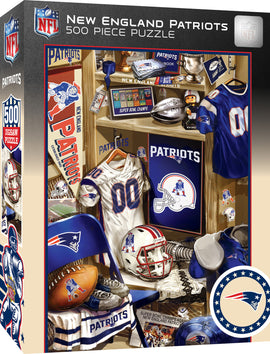 New England Patriots 500 piece jigsaw puzzle by MasterPieces. The puzzle box features an illustration of a locker filled with team memorabilia, including jerseys, helmets, footballs, and championship trophies, showcasing team pride and nostalgia for fans.