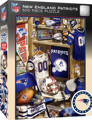 New England Patriots 500 piece jigsaw puzzle by MasterPieces. The puzzle box features an illustration of a locker filled with team memorabilia, including jerseys, helmets, footballs, and championship trophies, showcasing team pride and nostalgia for fans.