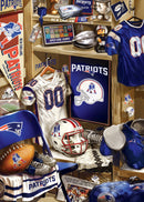A detailed illustration of a New England Patriots locker featuring sports memorabilia. Items include a football helmet, jerseys, a football, trophies, and various team banners showcasing the team's rich history in the NFL.