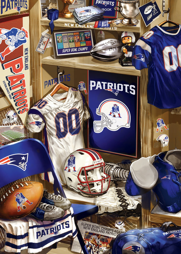 A detailed illustration of a New England Patriots locker featuring sports memorabilia. Items include a football helmet, jerseys, a football, trophies, and various team banners showcasing the team's rich history in the NFL.