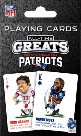 Patriots Greats Playing Cards featuring legendary NFL players John Hannah and Randy Moss. The pack showcases vibrant illustrations of the players with information about their achievements. Perfect for fans and collectors.