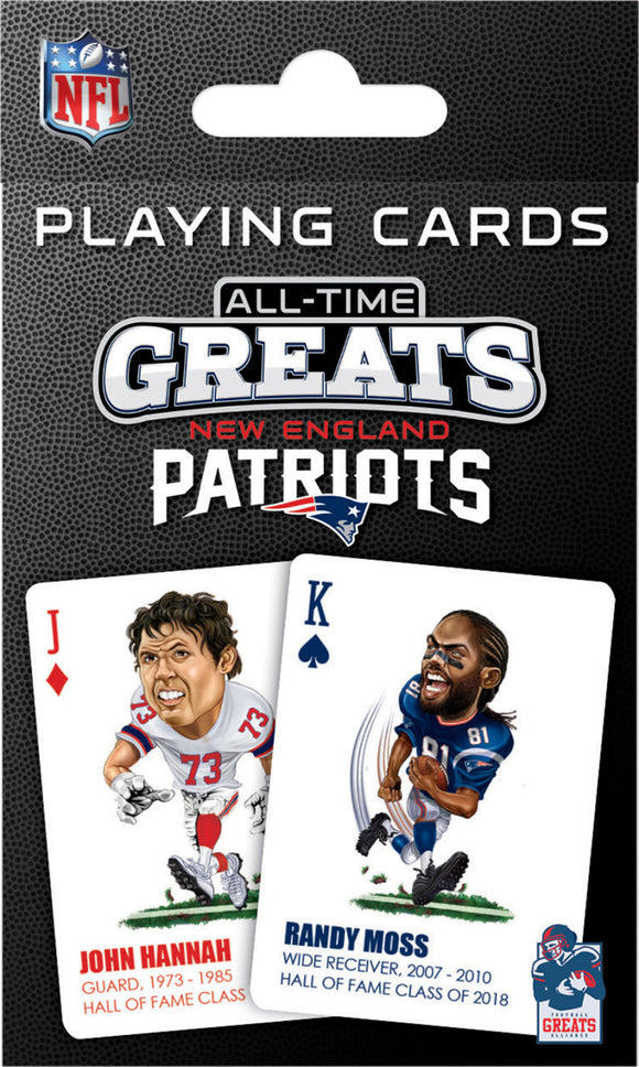 Patriots Greats Playing Cards featuring legendary NFL players John Hannah and Randy Moss. The pack showcases vibrant illustrations of the players with information about their achievements. Perfect for fans and collectors.