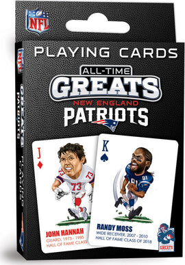 Patriots Greats Playing Cards featuring iconic New England Patriots players John Hannah and Randy Moss. The vibrant design includes caricatures of the players, with Hannah depicted as a guard and Moss as a wide receiver, highlighting their impressive careers and Hall of Fame status.