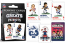 A set of playing cards featuring New England Patriots legends. The packaging showcases vibrant artwork, highlighting players like Randy Moss, Steve Grogan, Tedy Bruschi, and Troy Brown, each depicted in a dynamic posture. The cards include unique illustrations for each player, making it a collector's item for fans of the NFL.