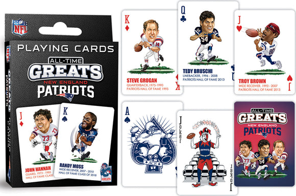 A set of playing cards featuring New England Patriots legends. The packaging showcases vibrant artwork, highlighting players like Randy Moss, Steve Grogan, Tedy Bruschi, and Troy Brown, each depicted in a dynamic posture. The cards include unique illustrations for each player, making it a collector's item for fans of the NFL.