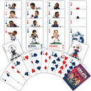 A set of playing cards featuring caricatures of famous New England Patriots players, including Teddy Bruschi and Steve Grogan. The cards are designed in a colorful and vibrant style.