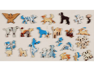 Wooden jigsaw pieces shaped like dogs