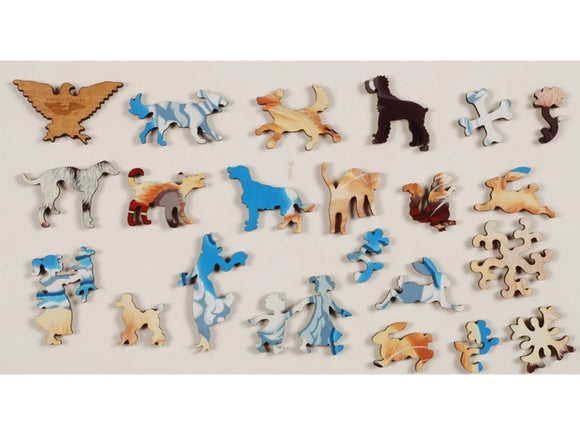 Wooden jigsaw pieces shaped like dogs
