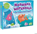 NARWHAL WATERFALL game box by MindWare featuring colorful cartoon narwhals and icy backgrounds. A cooperative game designed for kids ages 6 and up, for 2-5 players. The tagline reads, 'Don't stumble, or you'll tumble!' with a playful visual appeal.
