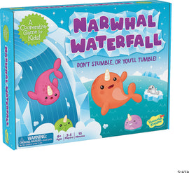 NARWHAL WATERFALL game box by MindWare featuring colorful cartoon narwhals and icy backgrounds. A cooperative game designed for kids ages 6 and up, for 2-5 players. The tagline reads, 'Don't stumble, or you'll tumble!' with a playful visual appeal.