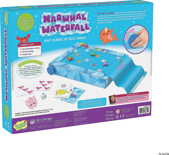 The NARWHAL WATERFALL game from MindWare features a cooperative gameplay experience where players guide colorful narwhals across a river towards safety. The game includes a board with moving river sections, special action cards, and components like die and swimmer tokens. Designed for 2-5 players, it emphasizes skills in strategy, cooperation, and shared decision-making. Ideal for ages 6 and up, the game promotes interactive play with vibrant colors and engaging illustrations.