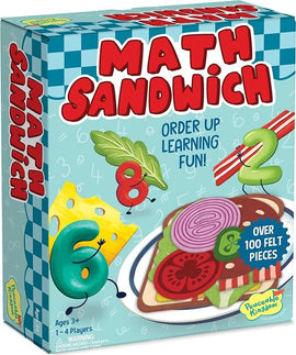 Math Sandwich game box featuring colorful felt pieces shaped like vegetables, numbers, and sandwich ingredients. Designed for 1-4 players aged 3+ to promote math learning through engaging play.