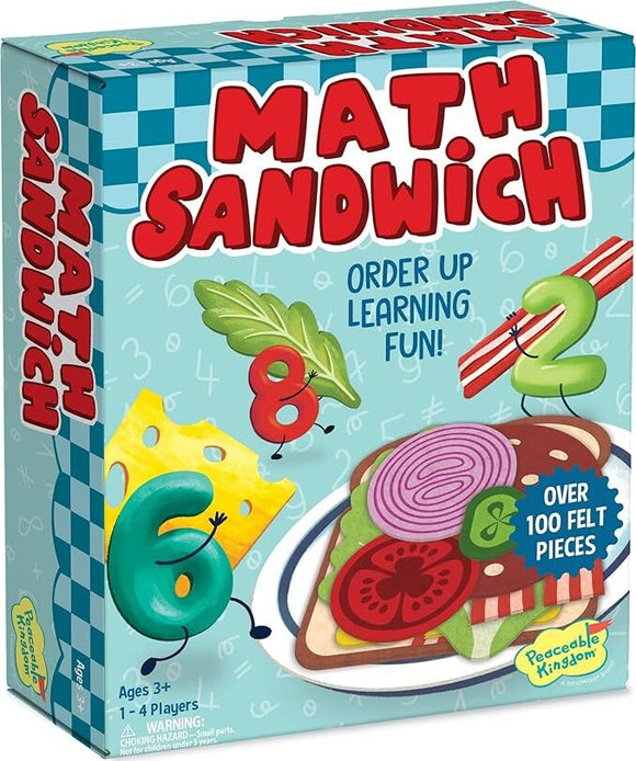 Math Sandwich game box featuring colorful felt pieces shaped like vegetables, numbers, and sandwich ingredients. Designed for 1-4 players aged 3+ to promote math learning through engaging play.