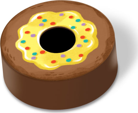A colorful game piece shaped like a donut, featuring a yellow frosting top adorned with rainbow sprinkles, set against a brown base. This whimsical design is part of the BUSY BUSY BAKE SHOP game by Peaceable Kingdom, perfect for engaging creative playtime experiences.