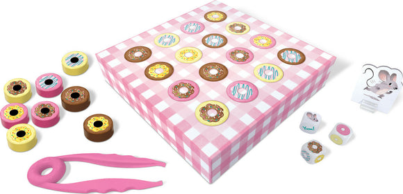 A colorful game 'BUSY BUSY BAKE SHOP' by Peacable Kingdom. The game features a box with a pink checkered design, various round donut pieces in vibrant colors, a set of dice, and a pink pair of tweezers. The playful illustration includes a little mouse figure and tokens resembling donuts, enhancing the baking theme and inviting players to engage in fun family gameplay.
