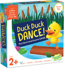 DUCK DUCK DANCE! game box featuring a cheerful yellow duck dancing on a log. The background includes water lily pads and cattails, showcasing a colorful and engaging design. The packaging emphasizes that it's suitable for children aged 2 and up and highlights motor skill development.