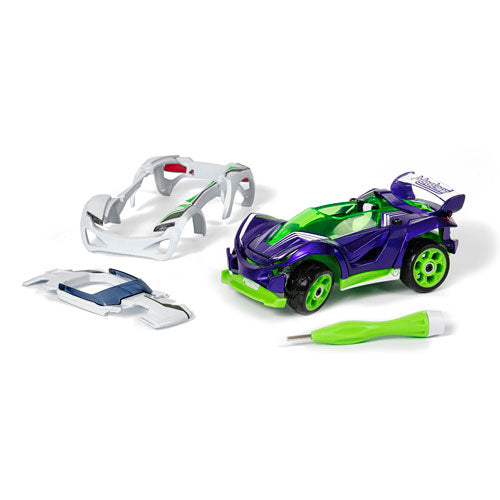 Modarri C1 Concept Car DIY kit featuring a colorful, customizable car. Includes detachable parts, a green screwdriver tool, and a unique design. Perfect for creative play and building skills.