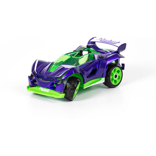 The Modarri C1 Concept Car is a vibrant DIY kit featuring a striking purple and green design. It showcases sleek, aerodynamic lines with a transparent cockpit and sporty wheels, ideal for creative building and play.