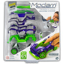 The Modarri C1 Concept Car kit features a vibrant green and purple design. The packaging displays various car parts and highlights the DIY nature of the product. A child is seen using the kit to create their own car model, emphasizing creativity and hands-on learning. Suitable for ages 6 and up.