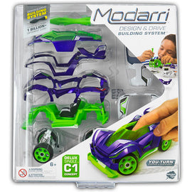 Modarri C1 Concept Car DIY kit featuring a colorful assortment of detachable car parts in purple and green. The packaging showcases the car's building system, highlighting the customizable nature for creative play. A child is seen assembling the car, emphasizing hands-on engagement and imaginative design.