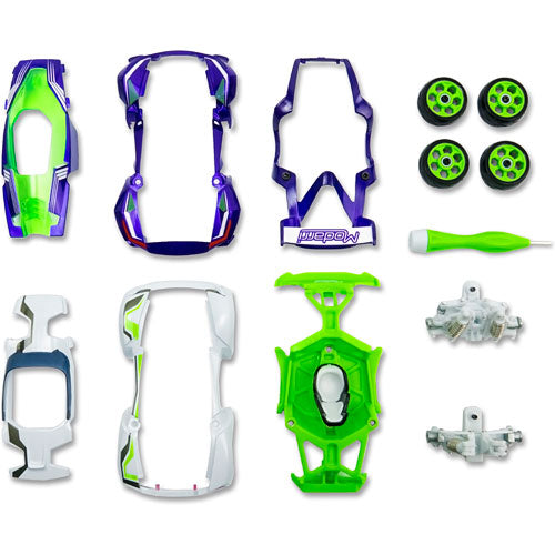 The Modarri C1 Concept Car DIY kit featuring colorful car body parts, wheels, and assembly tools. Great for creative building and customization, perfect for young car enthusiasts looking to design their own unique model.