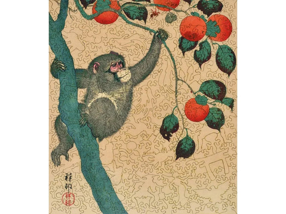 Japanese print of a monkey in a persimmon tree