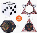 Shashibo Dice: Renaissance by Geobenders, a mechanical puzzle that transforms into over 70 unique shapes, featuring a mix of elegant designs and artistic patterns. The image showcases the cube with dice patterns, transitioning into a star shape and various geometric forms.
