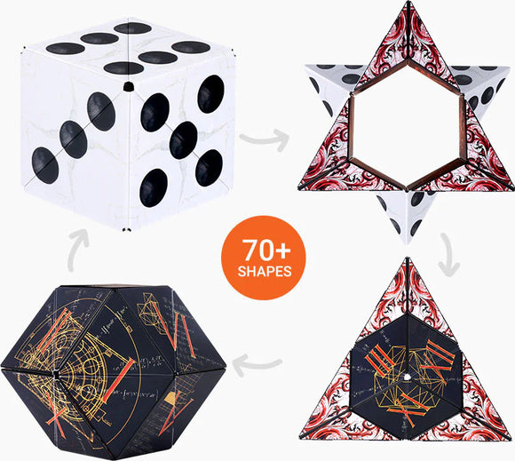 Shashibo Dice: Renaissance by Geobenders, a mechanical puzzle that transforms into over 70 unique shapes, featuring a mix of elegant designs and artistic patterns. The image showcases the cube with dice patterns, transitioning into a star shape and various geometric forms.