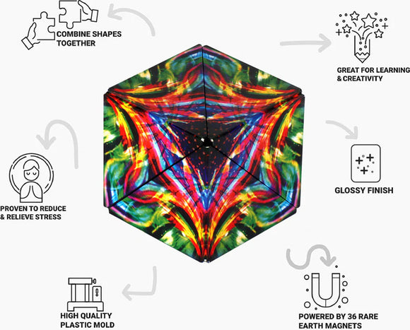 The Shashibo HG Cosmos is a vibrant mechanical puzzle featuring a glossy, multi-colored design. It showcases the ability to combine various shapes, enhancing creativity and learning. Constructed from high-quality plastic mold, it is powered by 36 rare earth magnets. This puzzle is designed to relieve stress and offers an engaging hands-on experience.