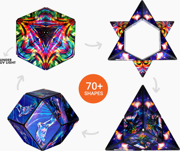 Shashibo: HG Cosmos by Geobenders is a colorful mechanical puzzle that transforms into over 70 shapes. The vibrant design features mesmerizing patterns, particularly captivating under UV light. Ideal for stimulating creativity and enhancing problem-solving skills, this hands-on puzzle is perfect for both kids and adults.