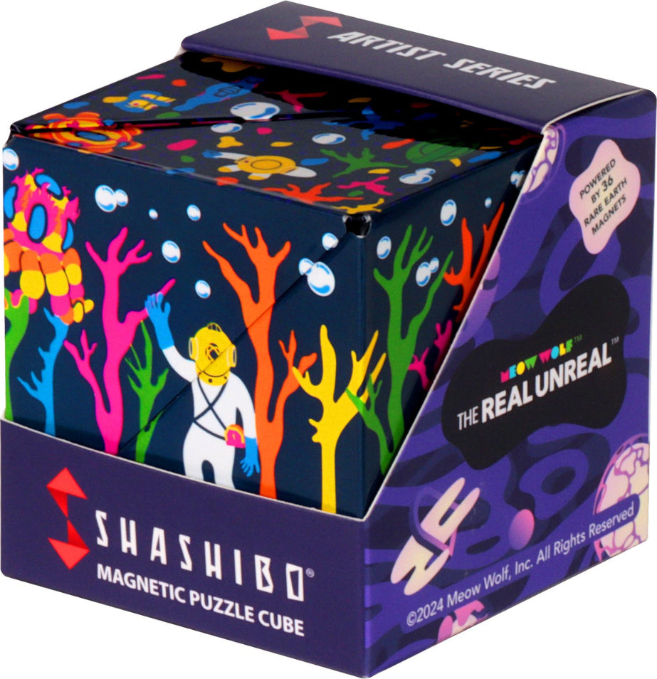 The Shashibo: ETERNAL FRIENDS by Geobenders is a vibrant, magnetic mechanical puzzle cube featuring colorful underwater-themed illustrations, including a diver and playful sea life amidst colorful corals. The design invites creativity and exploration, challenging users to transform the cube into numerous shapes and forms.