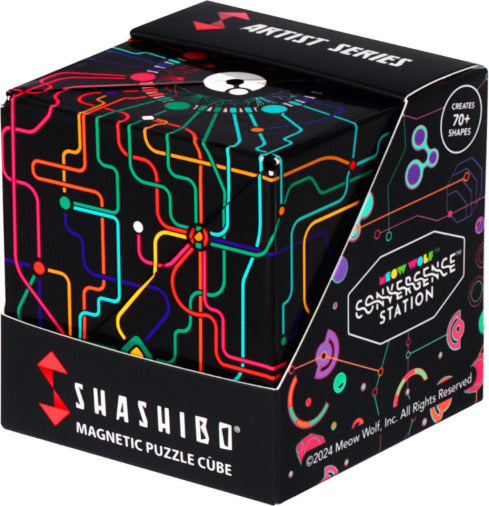 Shashibo Q DOT MAP, a colorful mechanical puzzle cube featuring intricate designs inspired by vibrant circuitry. This innovative puzzle transforms into over 70 unique shapes, encouraging creativity and problem-solving. Ideal for all ages and perfect for a fun mental challenge.