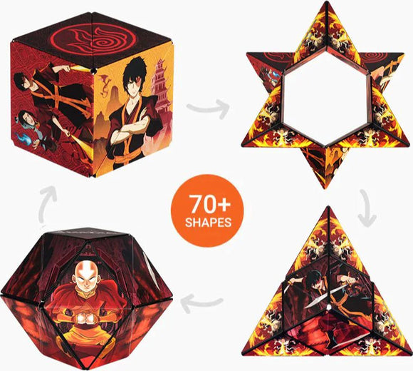 The Shashibo Avatar Fire is a shape-shifting puzzle that transforms into over 70 different geometric shapes. It features vibrant artwork inspired by Avatar characters, including a cube with imagery of firebending and earthbending, a hexagon shape, and a pyramid. The puzzle serves as an engaging fidget toy, ideal for both solo and social play, enhancing creativity and fine motor skills.