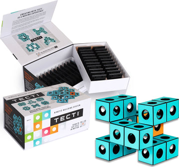 The Tecti Cube Building System by Fun in Motion Toys is displayed. The product features colorful, interlocking cubes that can be combined creatively. The open box reveals multiple black plates, highlighting the innovative, kinetic design. The cubes are designed for imaginative play and construction.