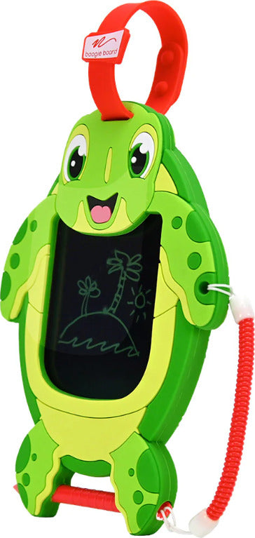 Brightly colored green and yellow Sketch Pals Sandy the Sea Turtle drawing tablet with a black screen, featuring a turtle design and carrying strap. Ideal for kids to unleash their creativity with doodles and sketches, combining fun and learning.