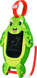 Brightly colored green and yellow Sketch Pals Sandy the Sea Turtle drawing tablet with a black screen, featuring a turtle design and carrying strap. Ideal for kids to unleash their creativity with doodles and sketches, combining fun and learning.