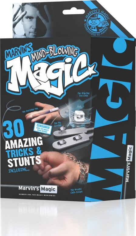 A vibrant packaging of '30 Amazing Tricks & Stunts' by Marvin's Magic, showcasing engaging visuals and magic props. The front displays bold text highlighting the magic tricks along with an image of a hand performing a trick, enticing young magicians to explore the playful world of magic.