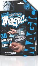 A vibrant packaging of '30 Amazing Tricks & Stunts' by Marvin's Magic, showcasing engaging visuals and magic props. The front displays bold text highlighting the magic tricks along with an image of a hand performing a trick, enticing young magicians to explore the playful world of magic.