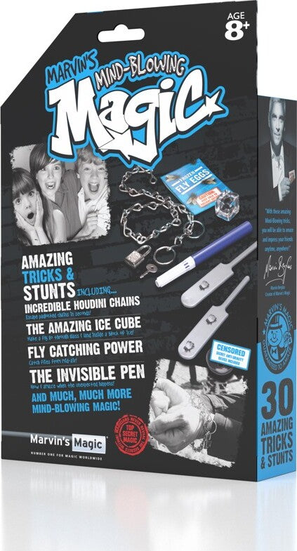 Marvin's Magic 30 Amazing Tricks & Stunts kit showcasing various magic props including an invisible pen, Houdini chains, and an amazing ice cube. The packaging features colorful graphics and highlights the fun and engaging nature of magic tricks for ages 8 and up.