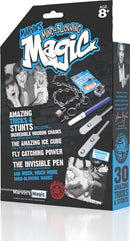 Marvin's Magic 30 Amazing Tricks & Stunts kit showcasing various magic props including an invisible pen, Houdini chains, and an amazing ice cube. The packaging features colorful graphics and highlights the fun and engaging nature of magic tricks for ages 8 and up.