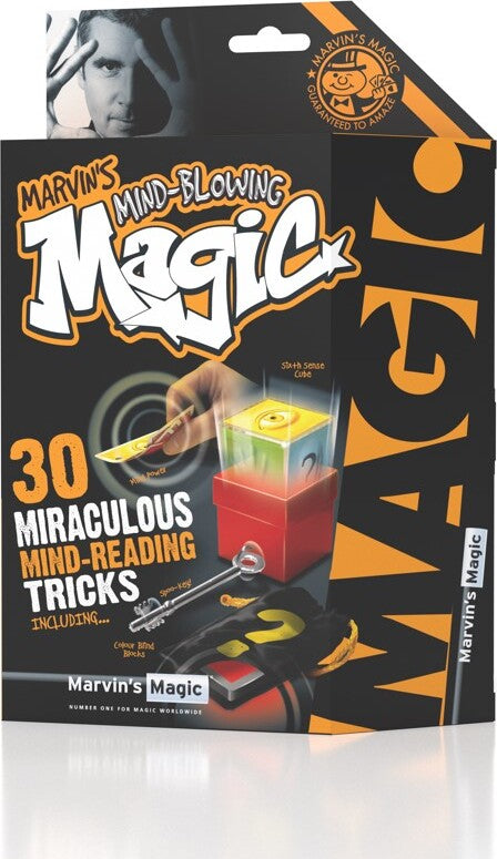 Marvin's Magic 30 Miraculous Mind-Reading Tricks kit featuring vibrant packaging. The box displays eye-catching graphics and text that highlight the range of tricks included, such as mind-reading illusions and mentalism skills. An illustration shows a hand holding a card and a mystical-looking box in the center, inviting users to explore the magical world of mentalism.