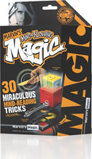 Marvin's Magic 30 Miraculous Mind-Reading Tricks kit featuring vibrant packaging. The box displays eye-catching graphics and text that highlight the range of tricks included, such as mind-reading illusions and mentalism skills. An illustration shows a hand holding a card and a mystical-looking box in the center, inviting users to explore the magical world of mentalism.